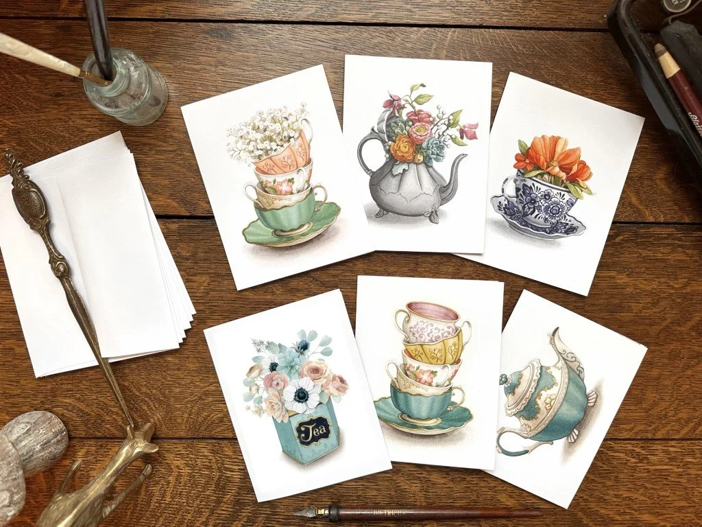 Vintage Tea Themed Variety Pack of 6 Notecards — Alicia's Infinity